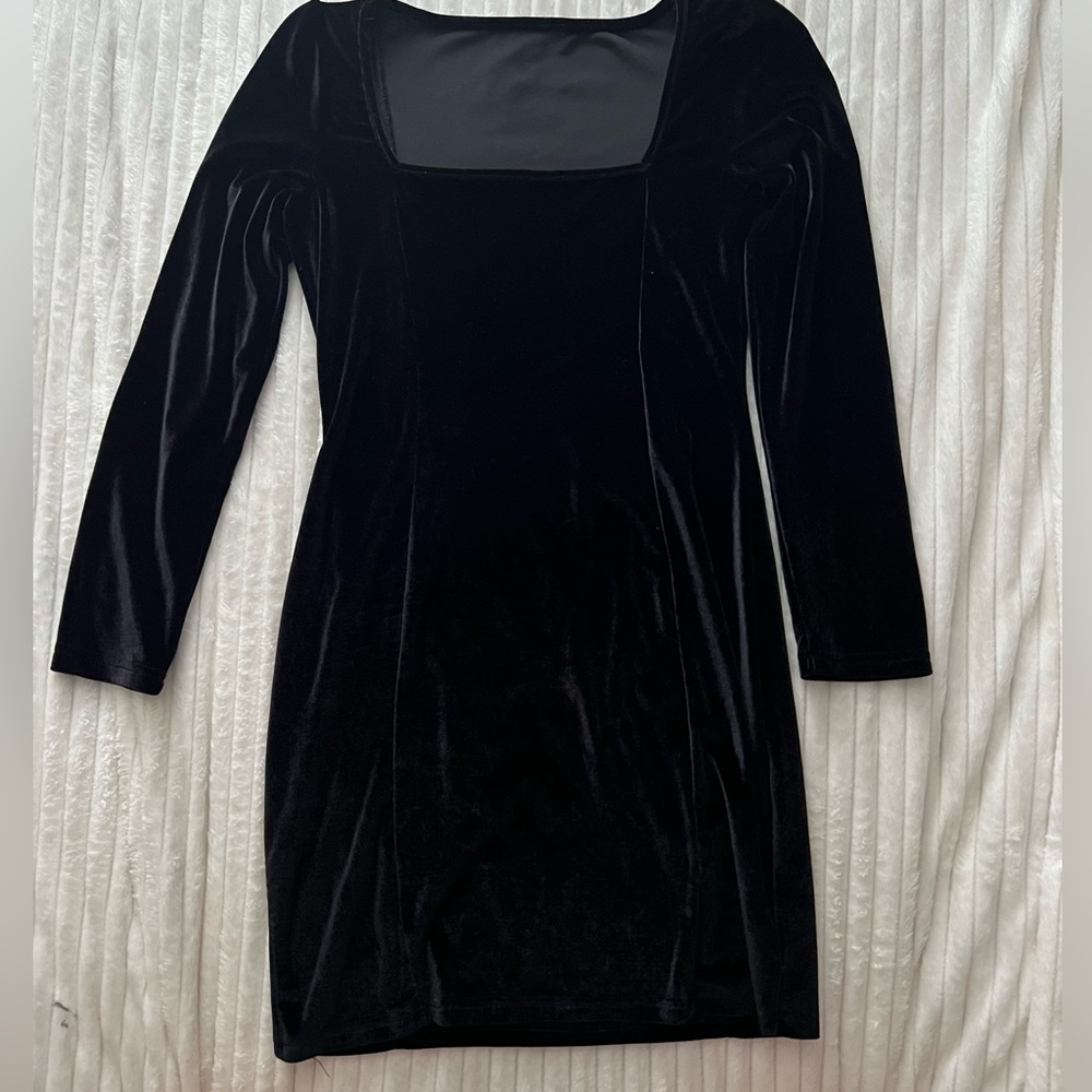 Black Faux velvet square neckline fitted mini dress